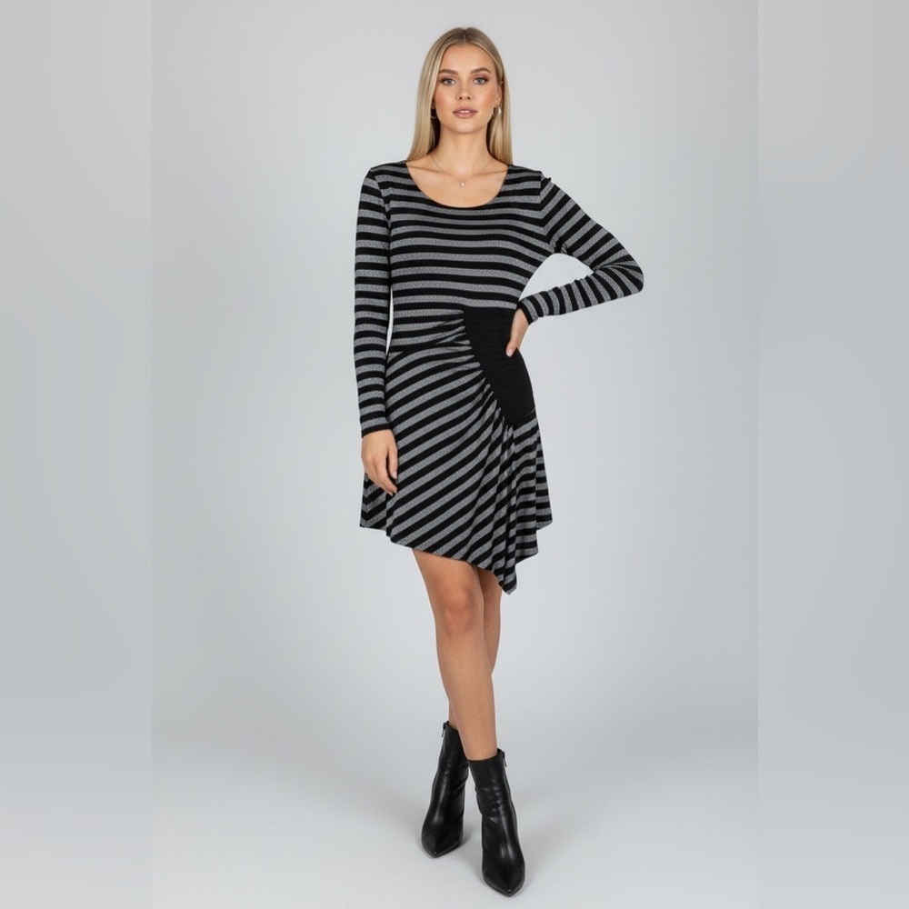Beige by ECI Black Silver Metallic Striped Ruched Asymmetrical Dress M